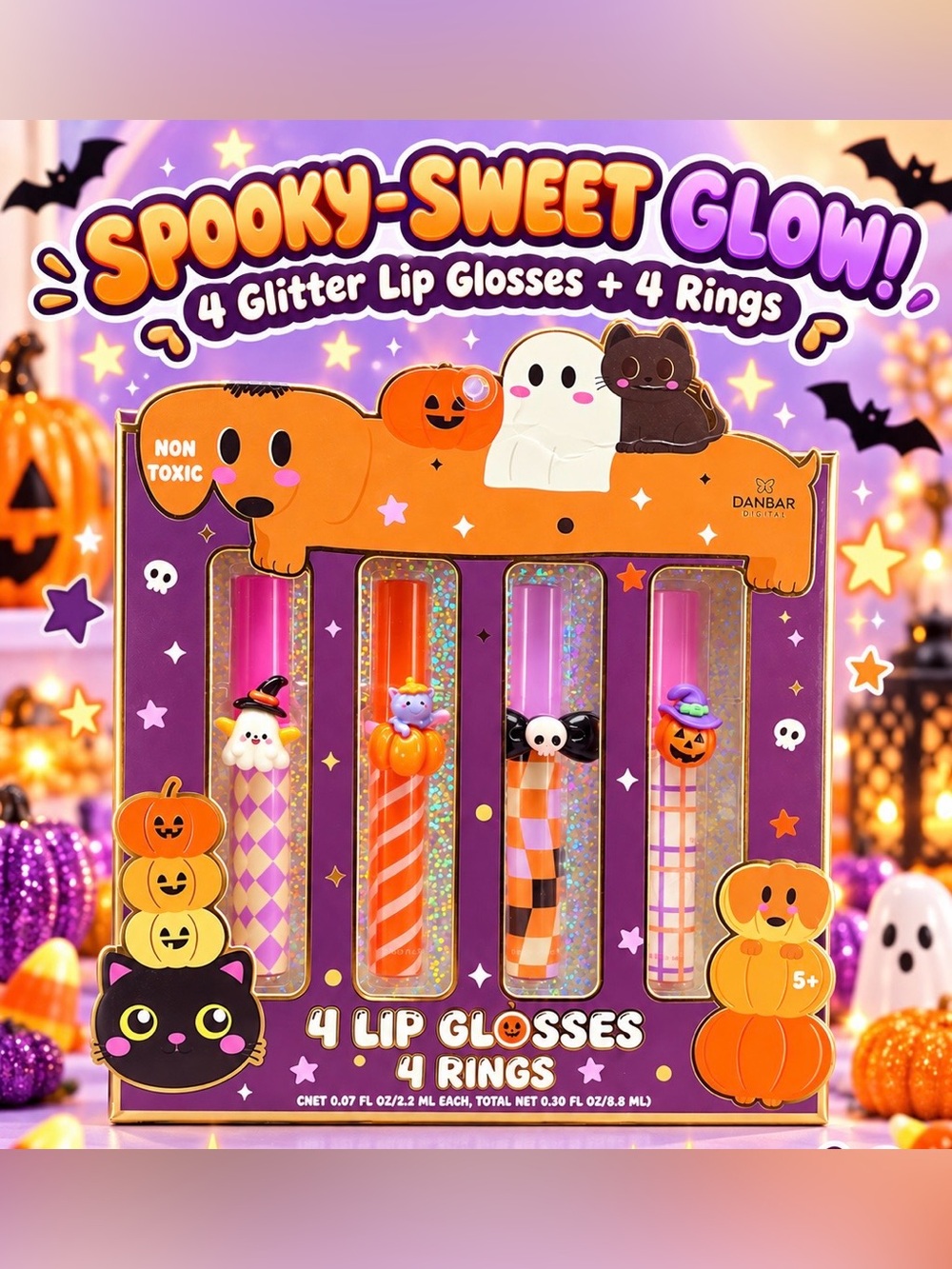 Spooky-Sweet Glow Kids Glitter Lip Gloss and Ring Set - 4 Pack